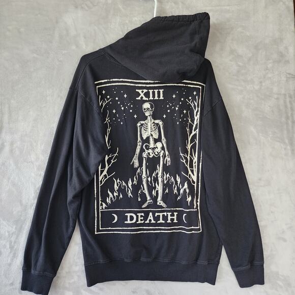 Hot Topic Hoodie Mens Medium Tarot Card Skeleton Fire Zip Sweatshirt Jacket - Picture 1 of 6
